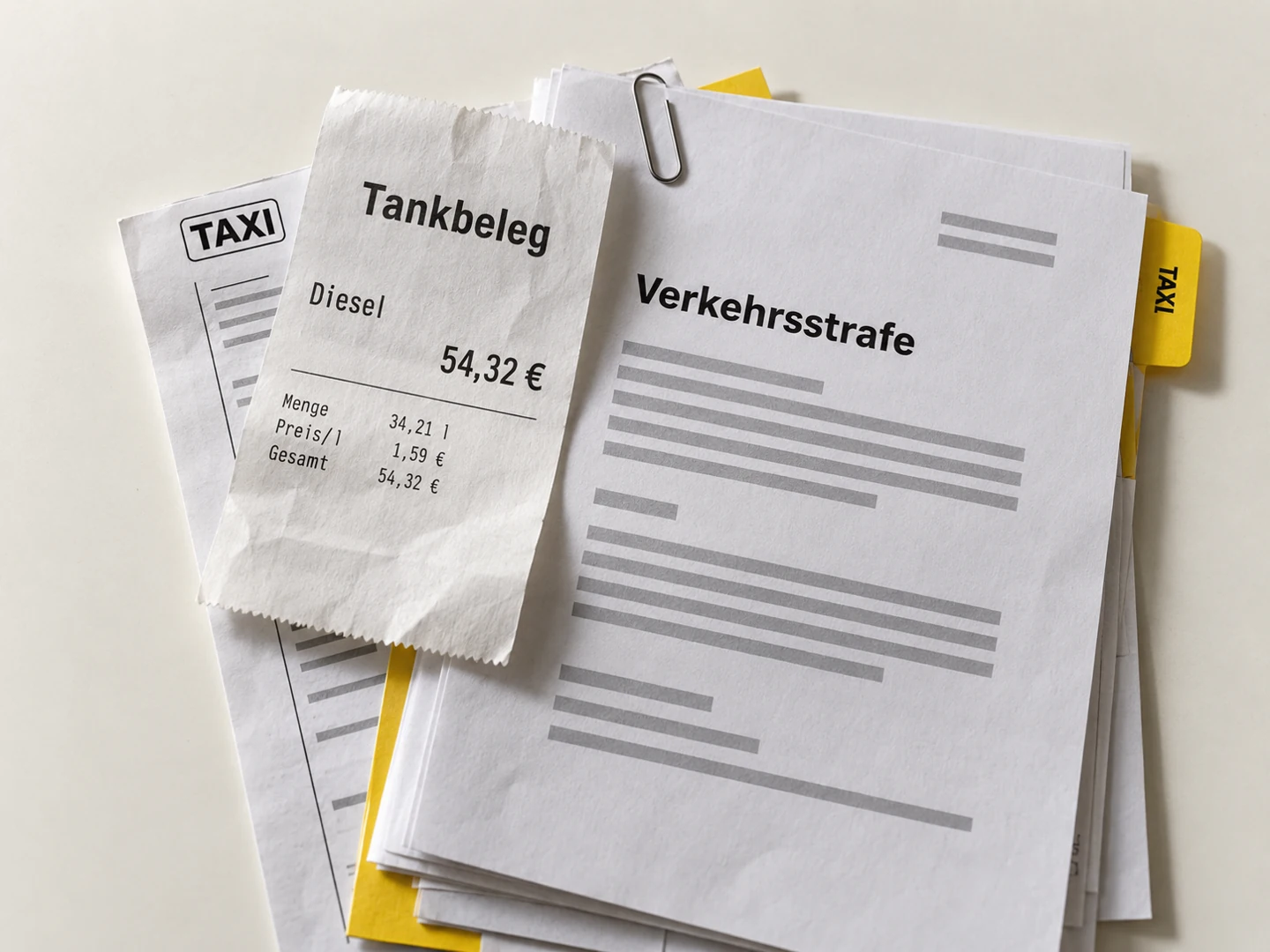 Tankbeleg und Unterlagen zu einer Verkehrsstrafe als Beispiele für die KI-gestützte Erfassung